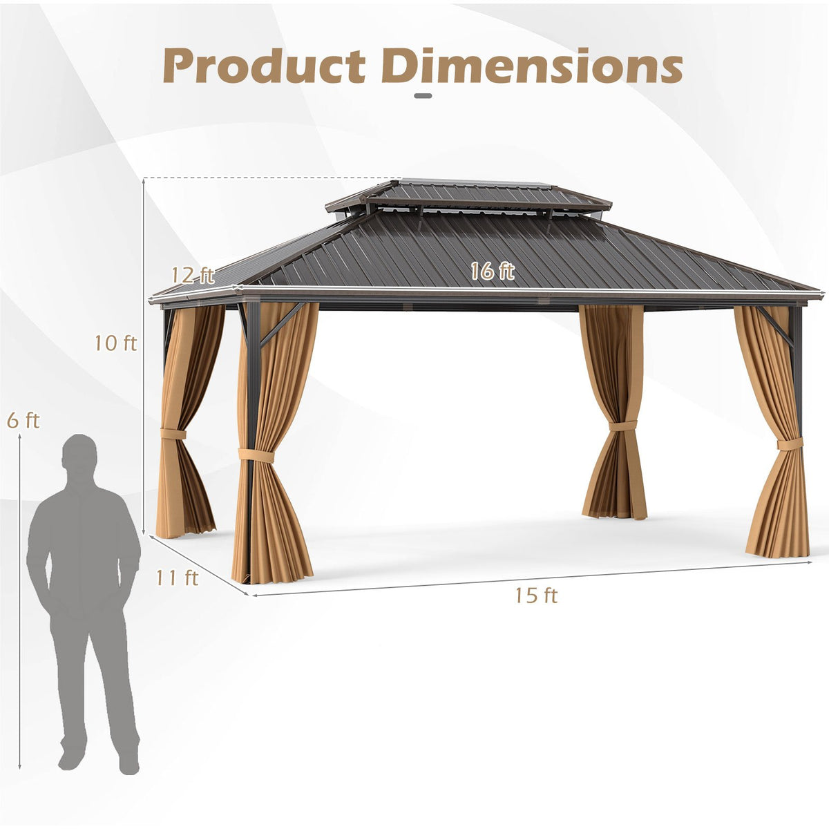 16 x 12 Feet Hardtop Gazebo Aluminum Frame Permanent Pavilion with Curtains and Netting-Coffee view 5