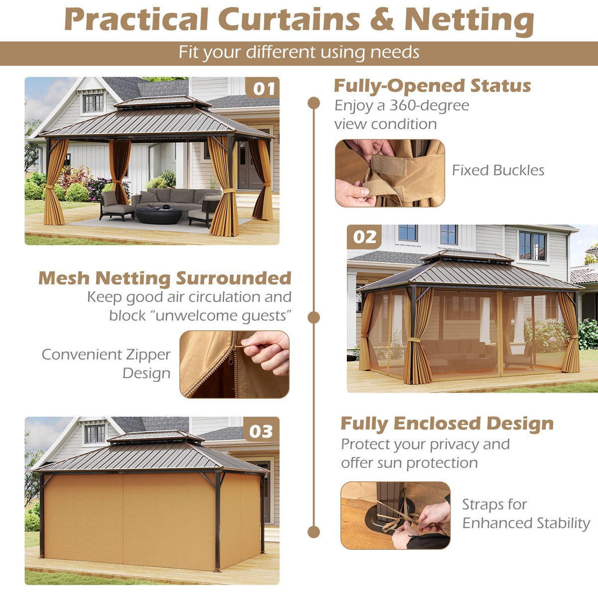 16 x 12 Feet Hardtop Gazebo Aluminum Frame Permanent Pavilion with Curtains and Netting-Coffee view 7