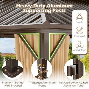 16 x 12 Feet Hardtop Gazebo Aluminum Frame Permanent Pavilion with Curtains and Netting-Coffee view 8