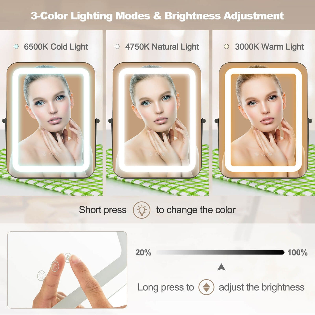 16 x 12 Inch Rectangular Vanity Makeup Mirror with 3 Color Dimmable Lighting-Black view 6