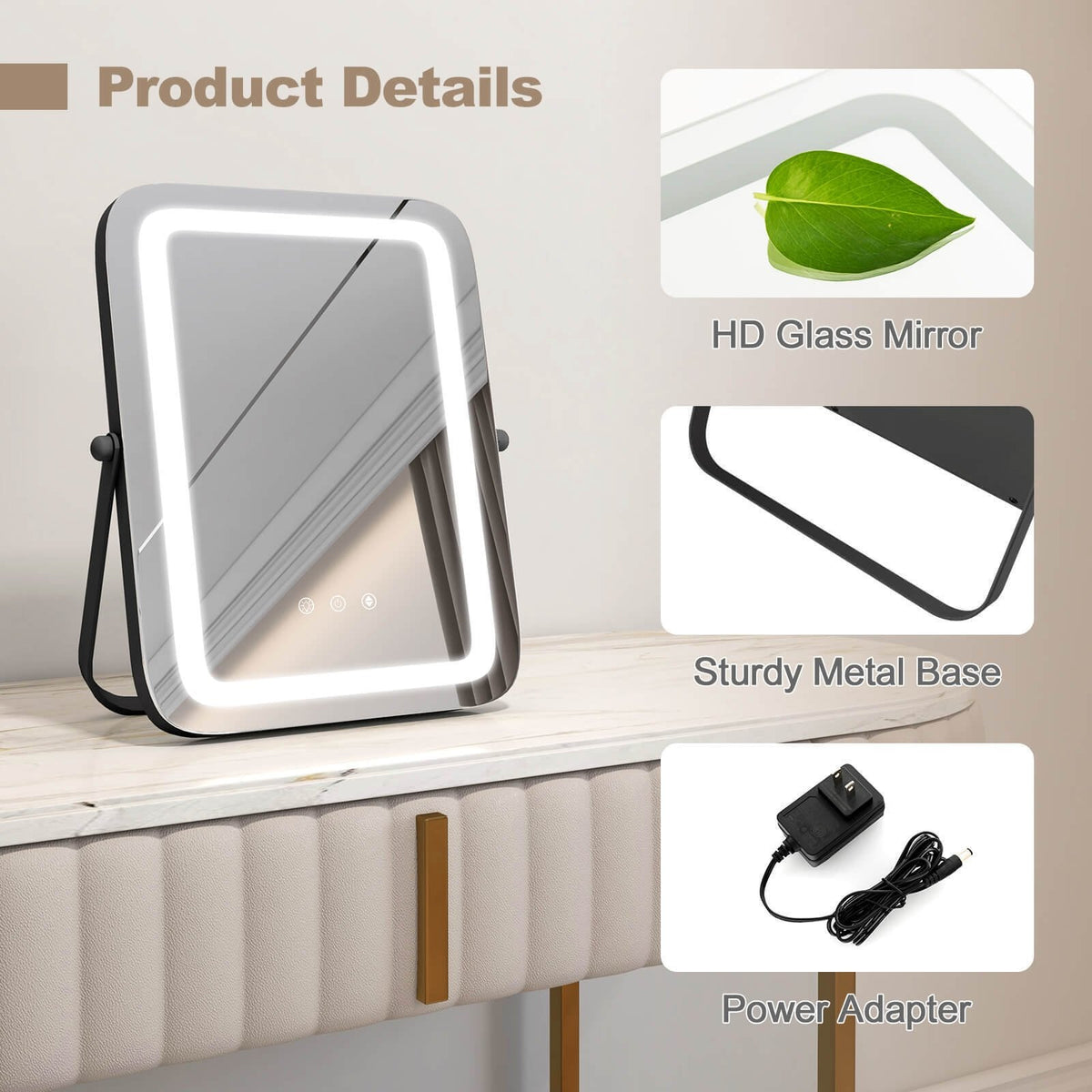 16 x 12 Inch Rectangular Vanity Makeup Mirror with 3 Color Dimmable Lighting-Black view 9