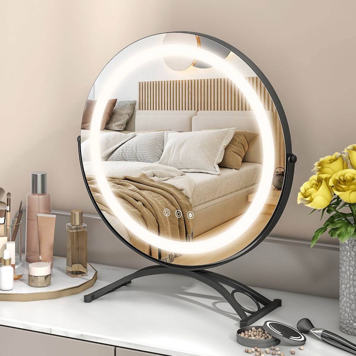 16 x 16 Inch Round LED Vanity Mirror with 3-Color Lighting and Brightness Dimming-Black view 2