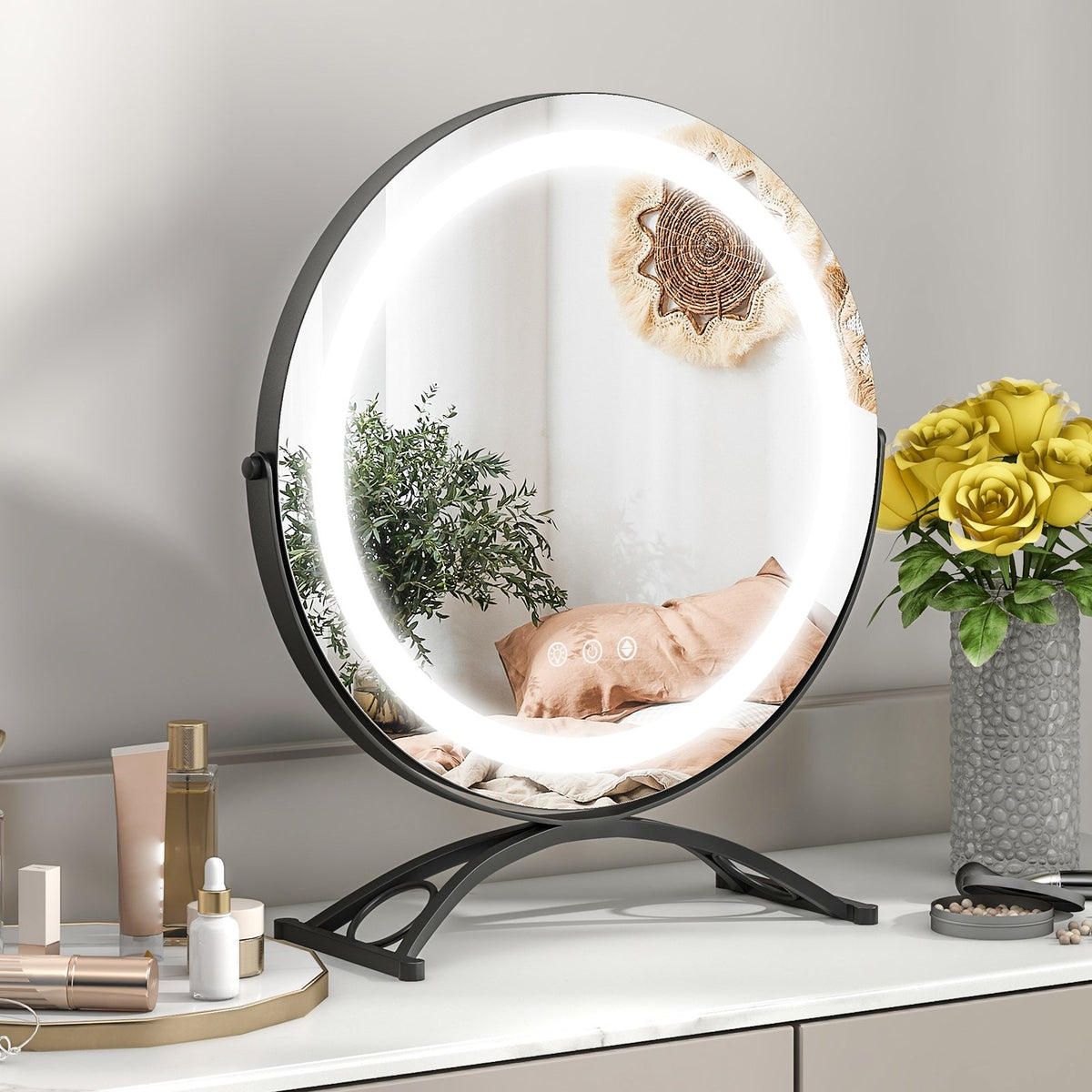 16 x 16 Inch Round LED Vanity Mirror with 3-Color Lighting and Brightness Dimming-Black view 3