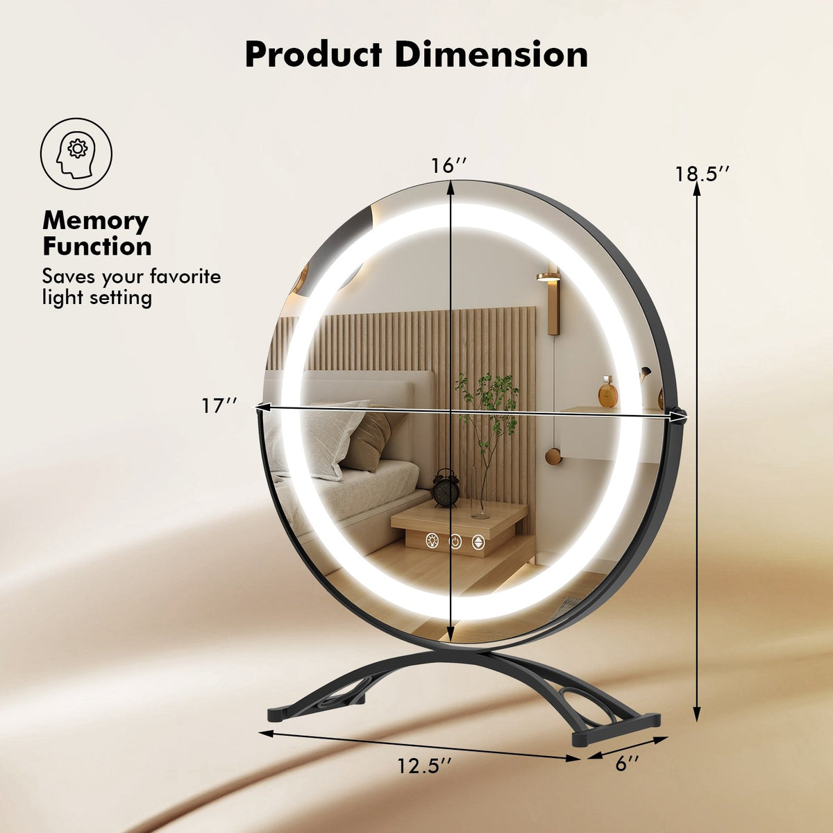16 x 16 Inch Round LED Vanity Mirror with 3-Color Lighting and Brightness Dimming-Black view 5