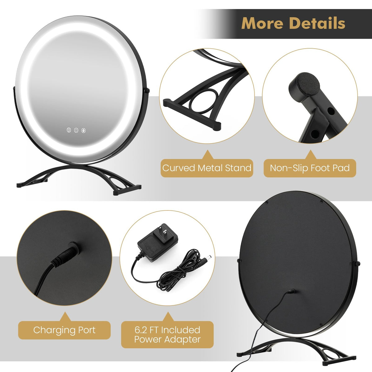 16 x 16 Inch Round LED Vanity Mirror with 3-Color Lighting and Brightness Dimming-Black view 6