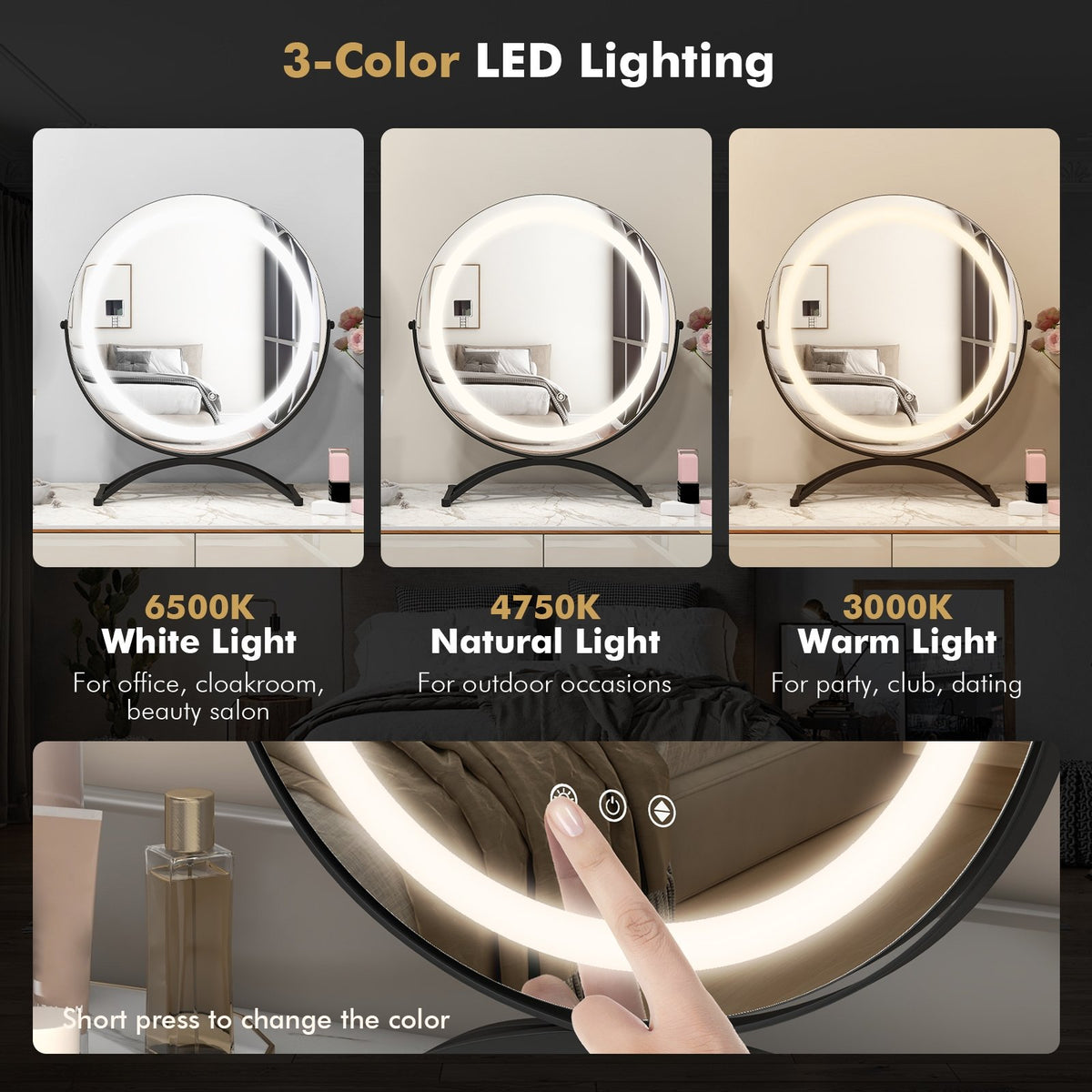 16 x 16 Inch Round LED Vanity Mirror with 3-Color Lighting and Brightness Dimming-Black view 7