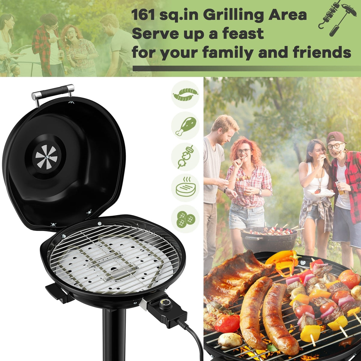 1600W Portable Electric BBQ Grill with Removable Non-Stick Rack-Black view 6
