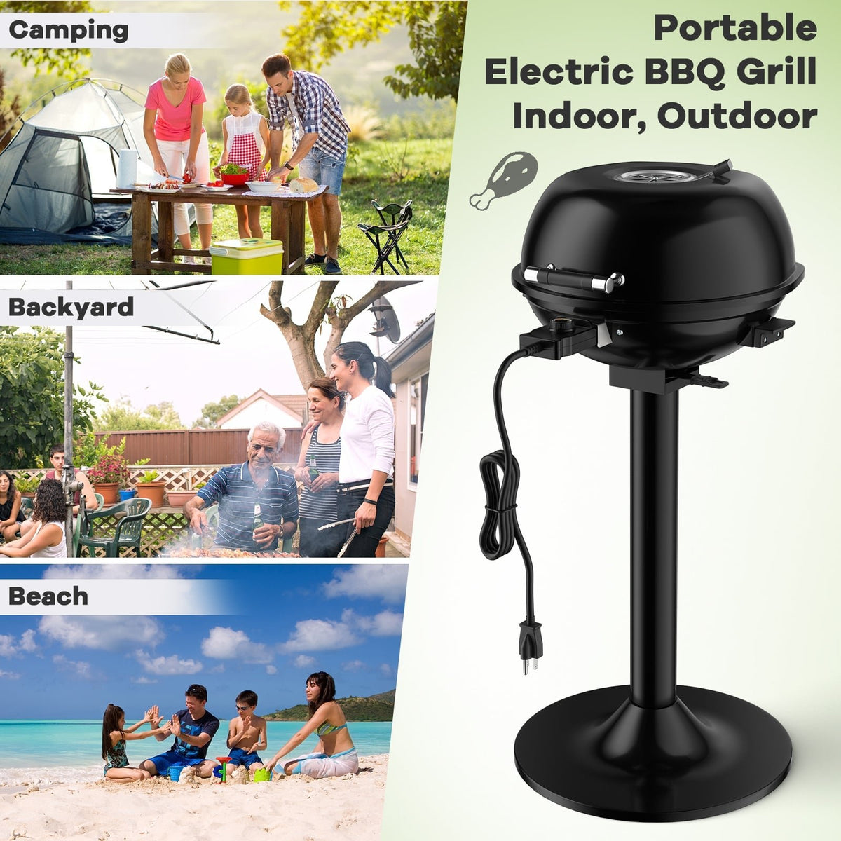 1600W Portable Electric BBQ Grill with Removable Non-Stick Rack-Black view 9