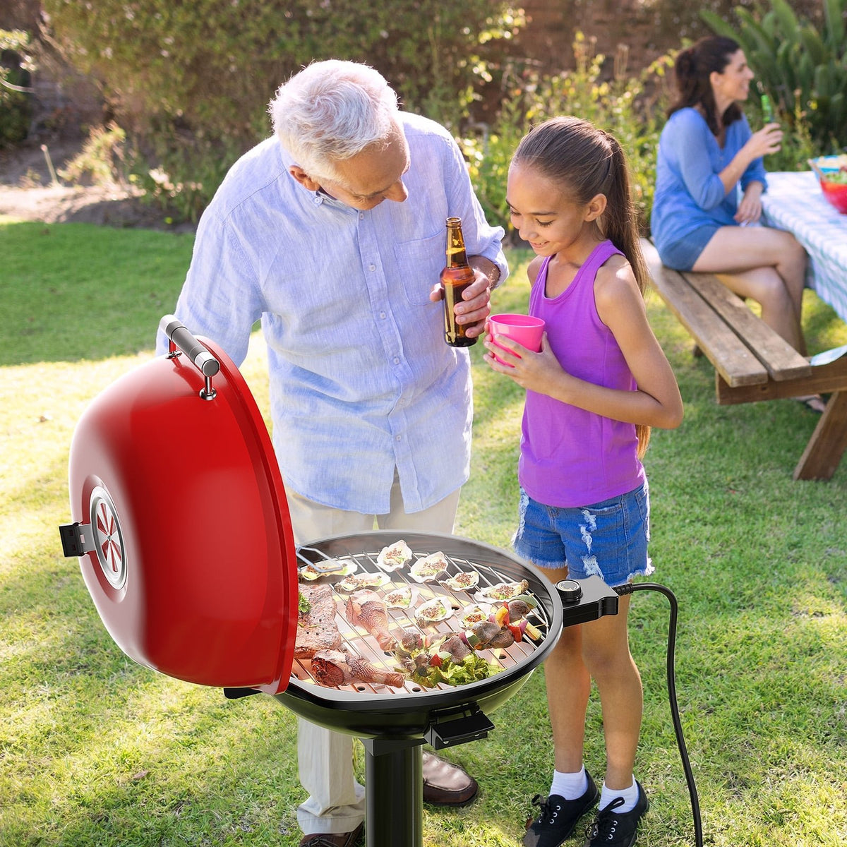 1600W Portable Electric BBQ Grill with Removable Non-Stick Rack-Black & Red view 2