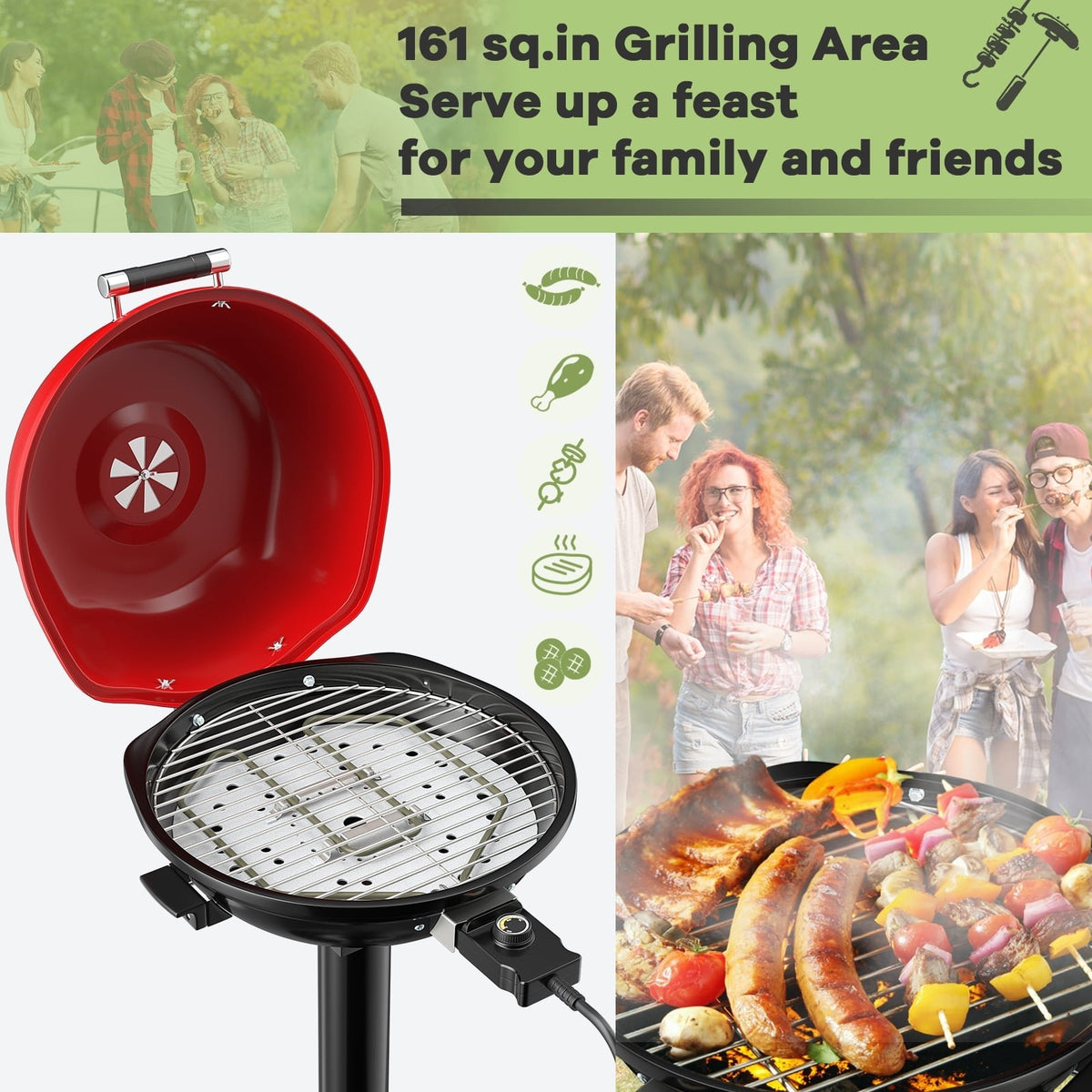 1600W Portable Electric BBQ Grill with Removable Non-Stick Rack-Black & Red view 6