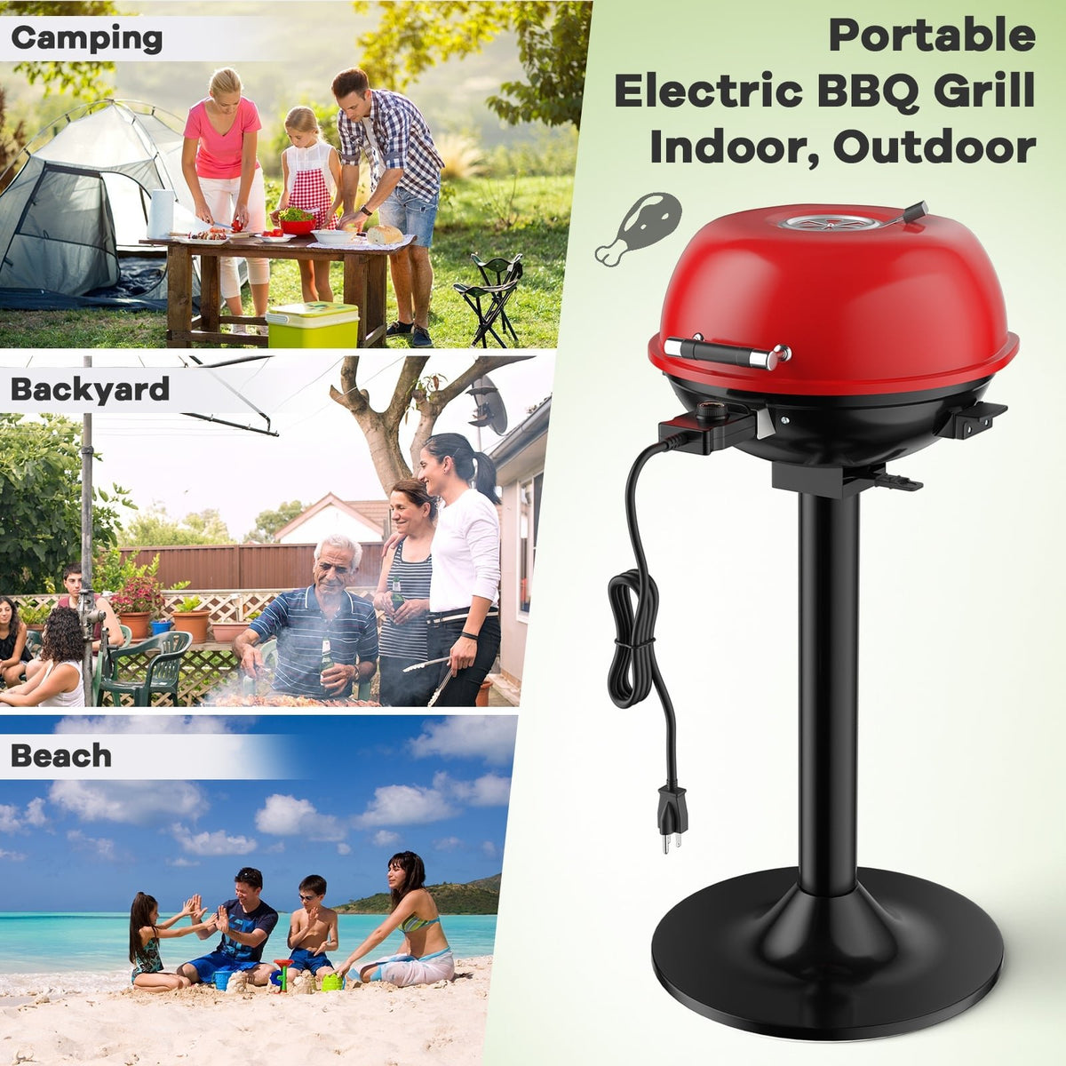 1600W Portable Electric BBQ Grill with Removable Non-Stick Rack-Black & Red view 9