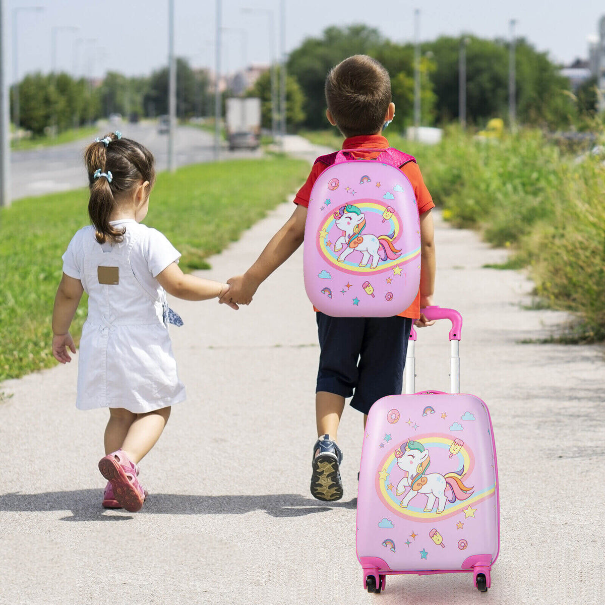 2 Pieces Kids Carry-on Luggage Set with 12 Inch Backpack-Pink view 2