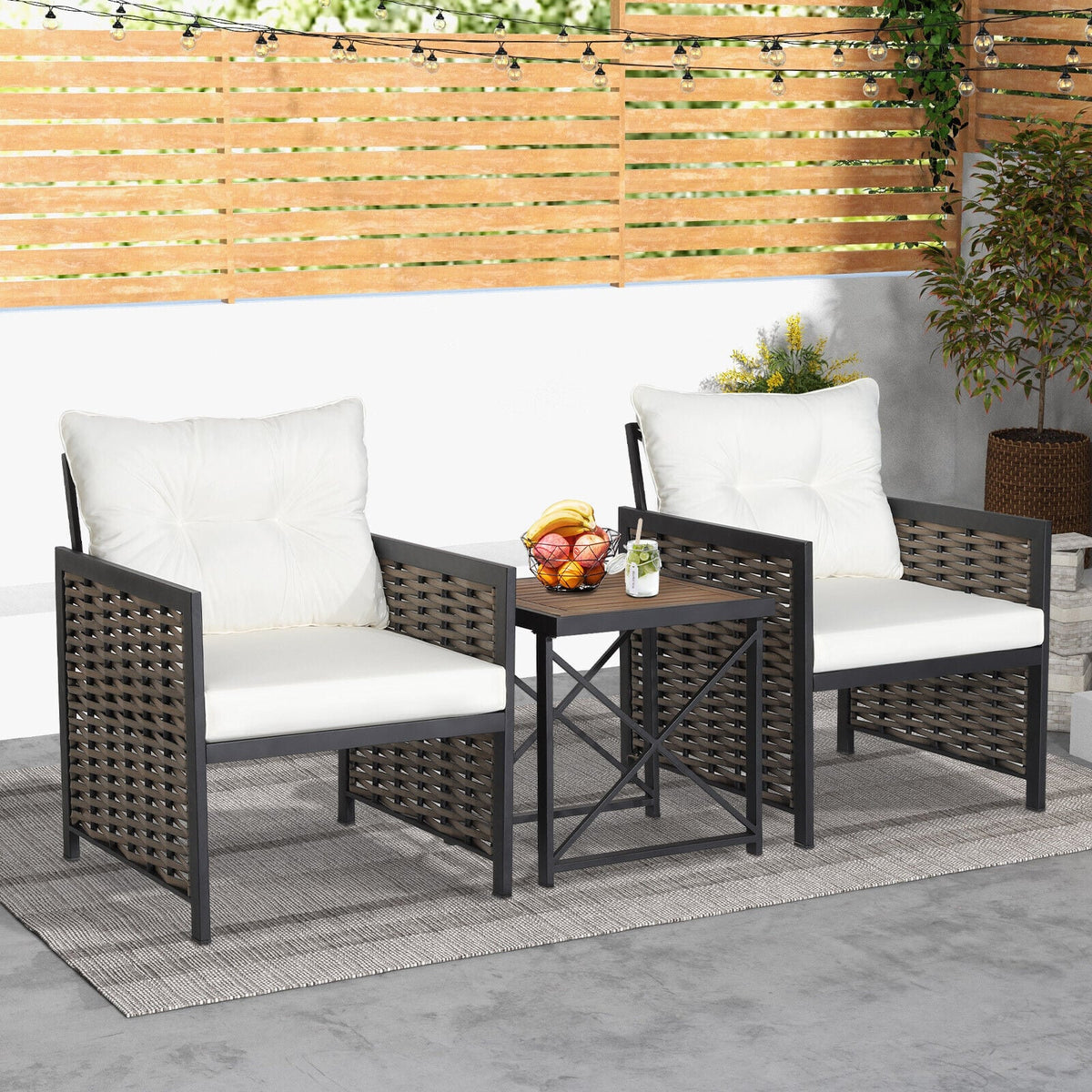 3 Pieces Patio Rattan Furniture Set with Acacia Wood Tabletop-White view 2