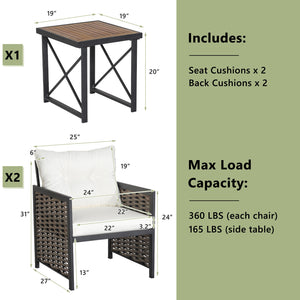 3 Pieces Patio Rattan Furniture Set with Acacia Wood Tabletop-White view 4