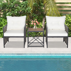 3 Pieces Patio Rattan Furniture Set with Acacia Wood Tabletop-White view 6