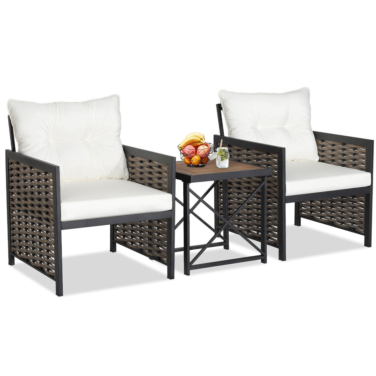 3 Pieces Patio Rattan Furniture Set with Acacia Wood Tabletop-White view 7