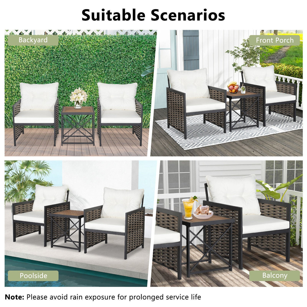 3 Pieces Patio Rattan Furniture Set with Acacia Wood Tabletop-White view 8