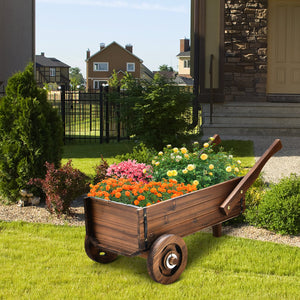 Wooden Wagon Planter Box with Wheels Handles and Drainage Hole-Rustic Brown view 2