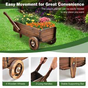 Wooden Wagon Planter Box with Wheels Handles and Drainage Hole-Rustic Brown view 9