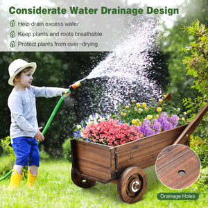 Wooden Wagon Planter Box with Wheels Handles and Drainage Hole-Rustic Brown view 8