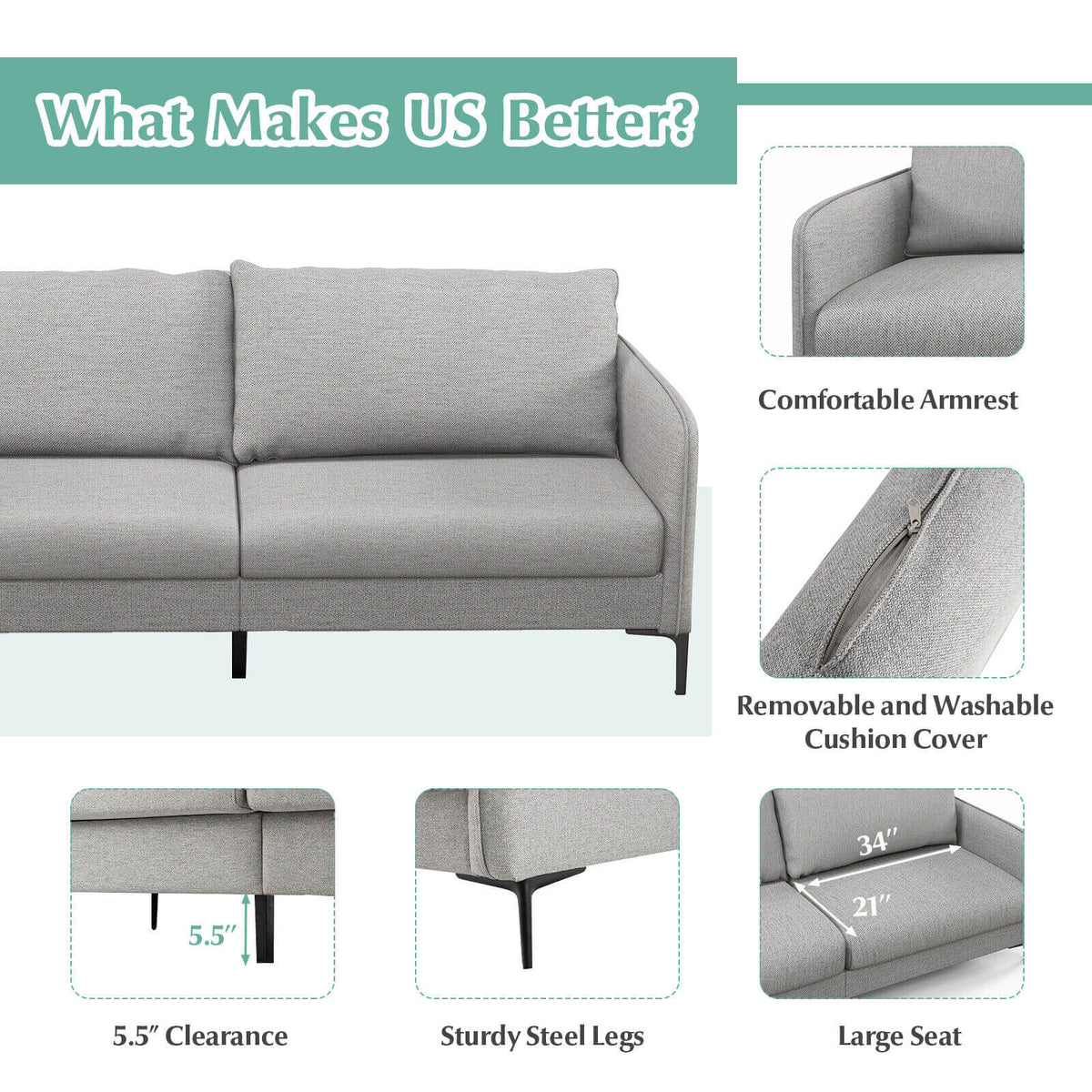 Modern 76 Inch Loveseat Sofa Couch for Apartment Dorm with Metal Legs-Gray view 9