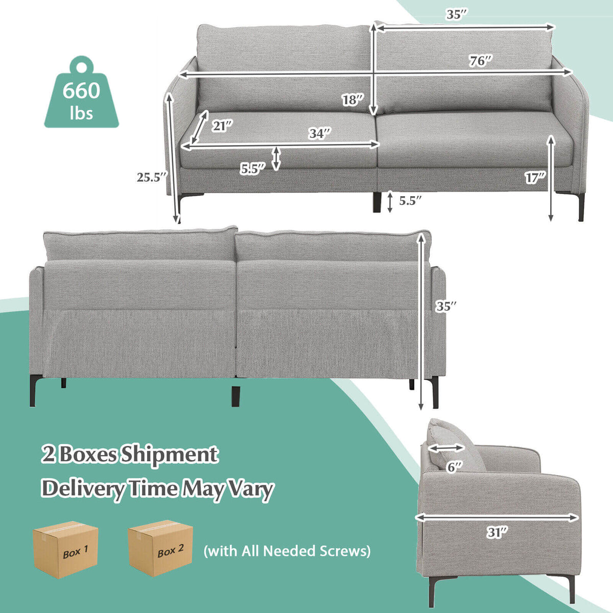 Modern 76 Inch Loveseat Sofa Couch for Apartment Dorm with Metal Legs-Gray view 5