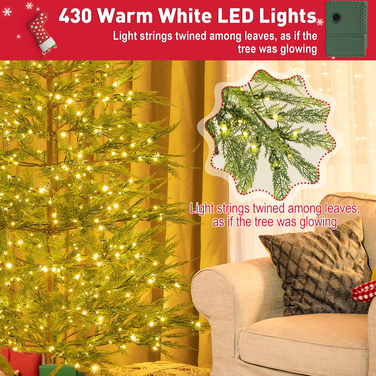 6.5/7.5 Feet Artificial Cypress Christmas Tree Pre-lit Hinged-6.5 ft view 8