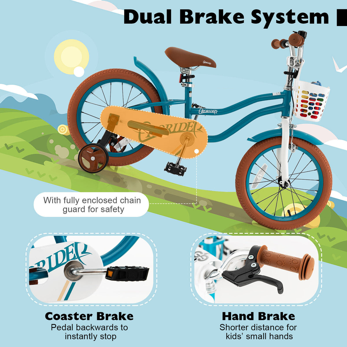 16 Inch Kids Bike with Front Handbrake and 2 Training Wheels-Turquoise view 6