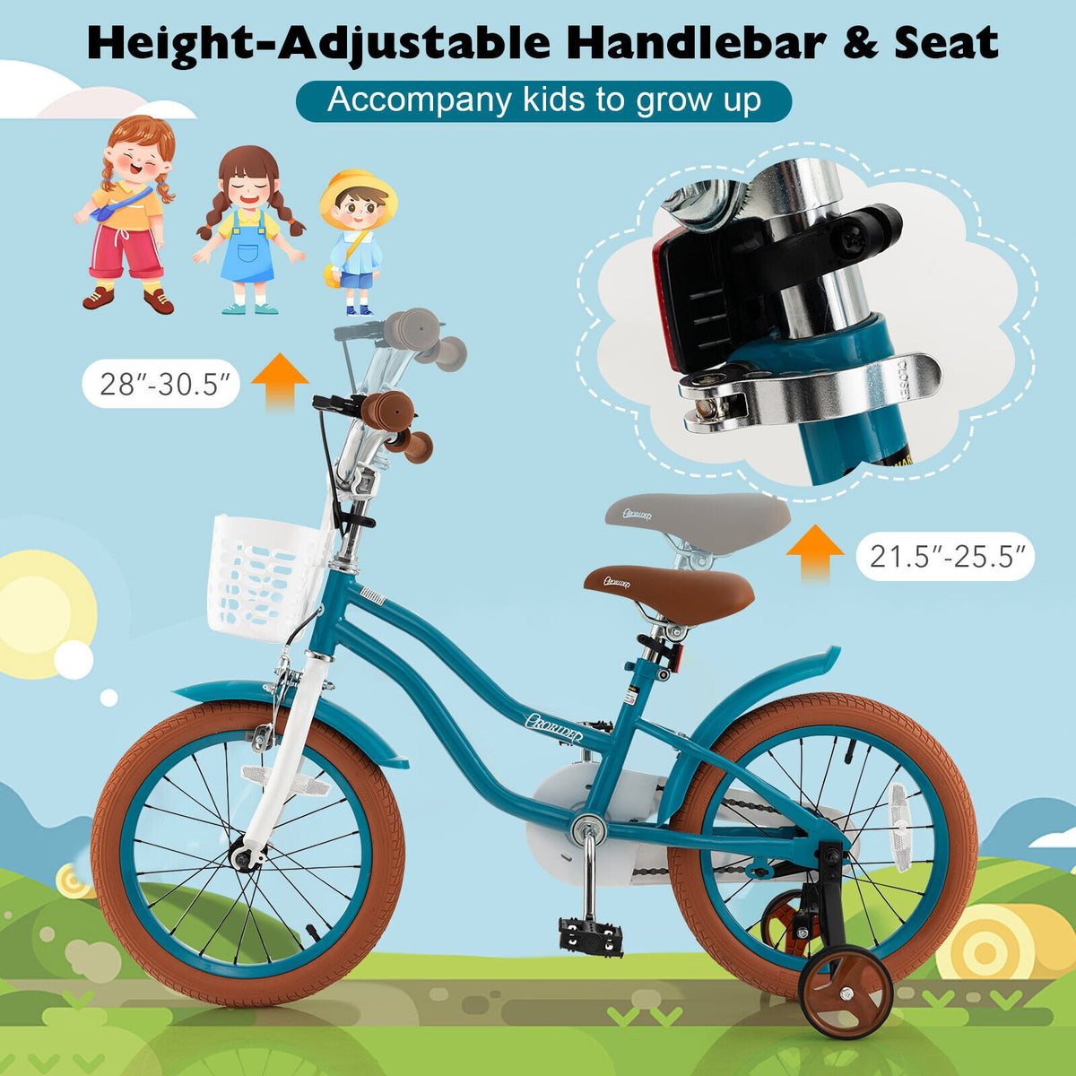 16 Inch Kids Bike with Front Handbrake and 2 Training Wheels-Turquoise view 7