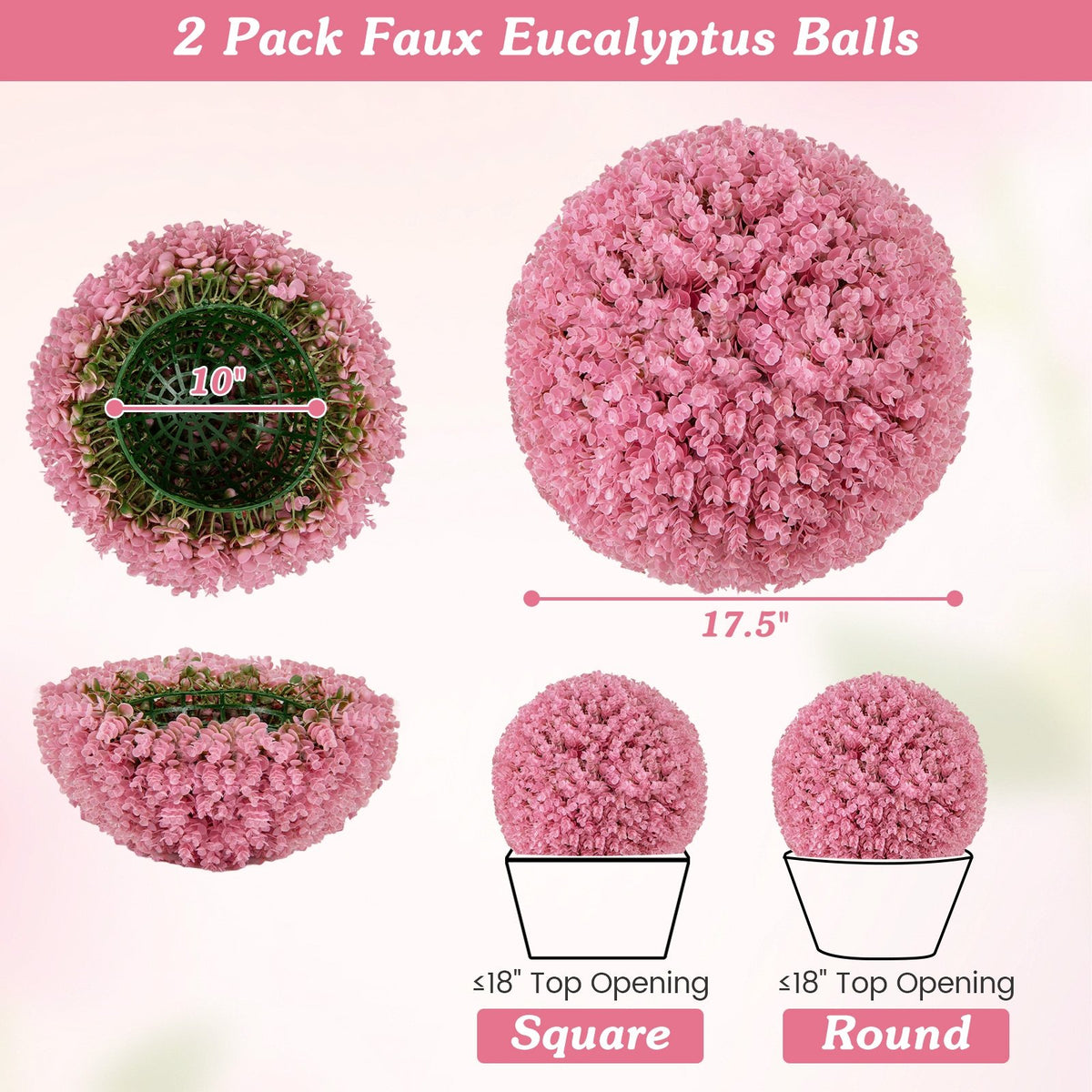 17.5 Inch Faux Purple Eucalyptus Decorative Balls with 7 Layers Leaves for Backyard Porch Garden and Wedding-Pink view 5