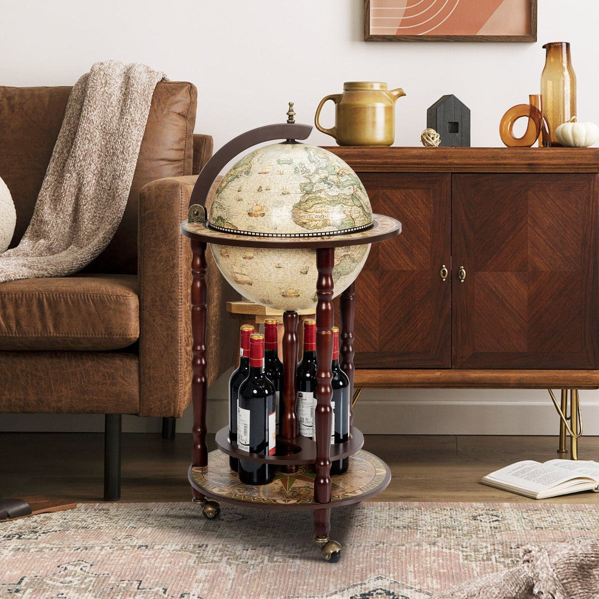 17 Inch Italian Style Design Wooden Globe Liquor Bottle Wine Rack with Wheels view 2