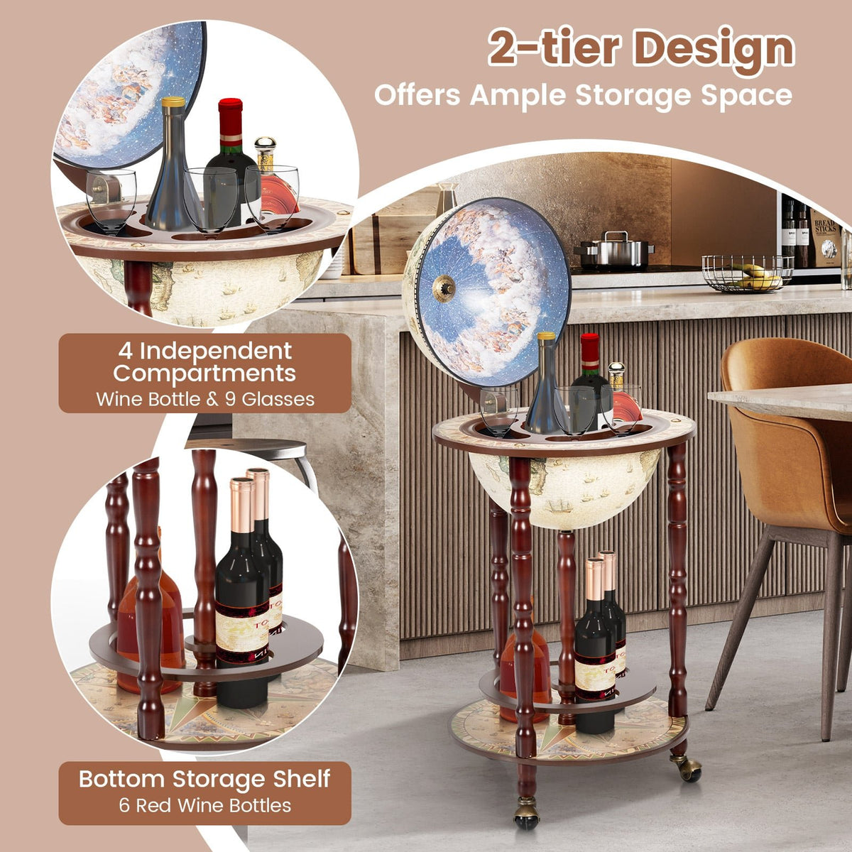 17 Inch Italian Style Design Wooden Globe Liquor Bottle Wine Rack with Wheels view 3