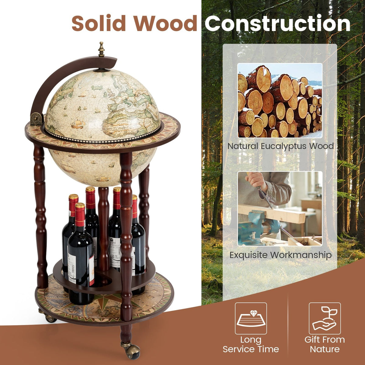 17 Inch Italian Style Design Wooden Globe Liquor Bottle Wine Rack with Wheels view 5