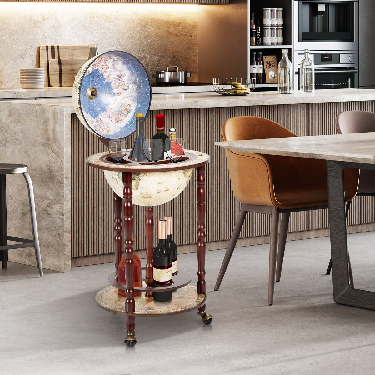 17 Inch Italian Style Design Wooden Globe Liquor Bottle Wine Rack with Wheels view 6
