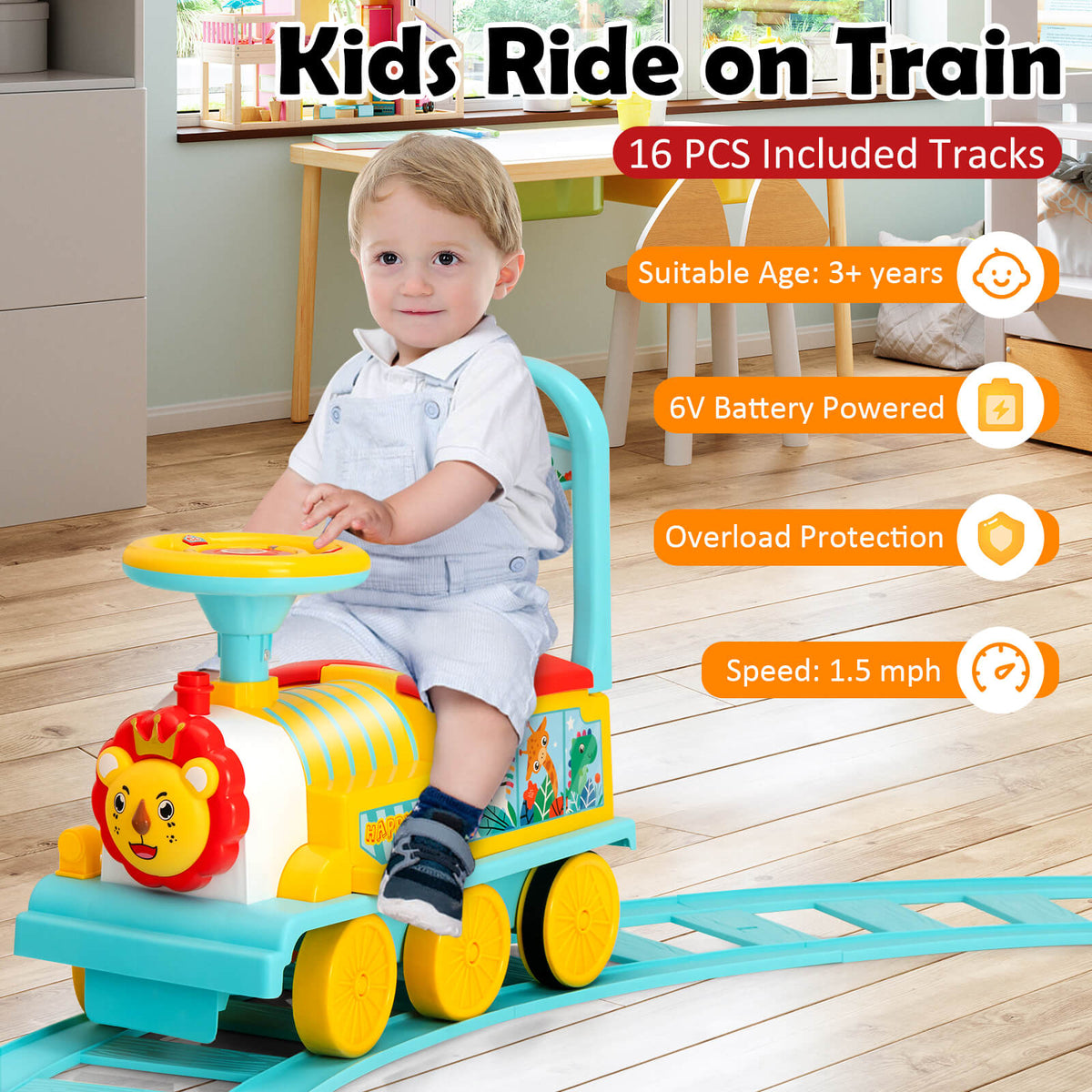 6V Electric Kids Ride On Car Toy Train with 16 Pieces Tracks-Blue view 5