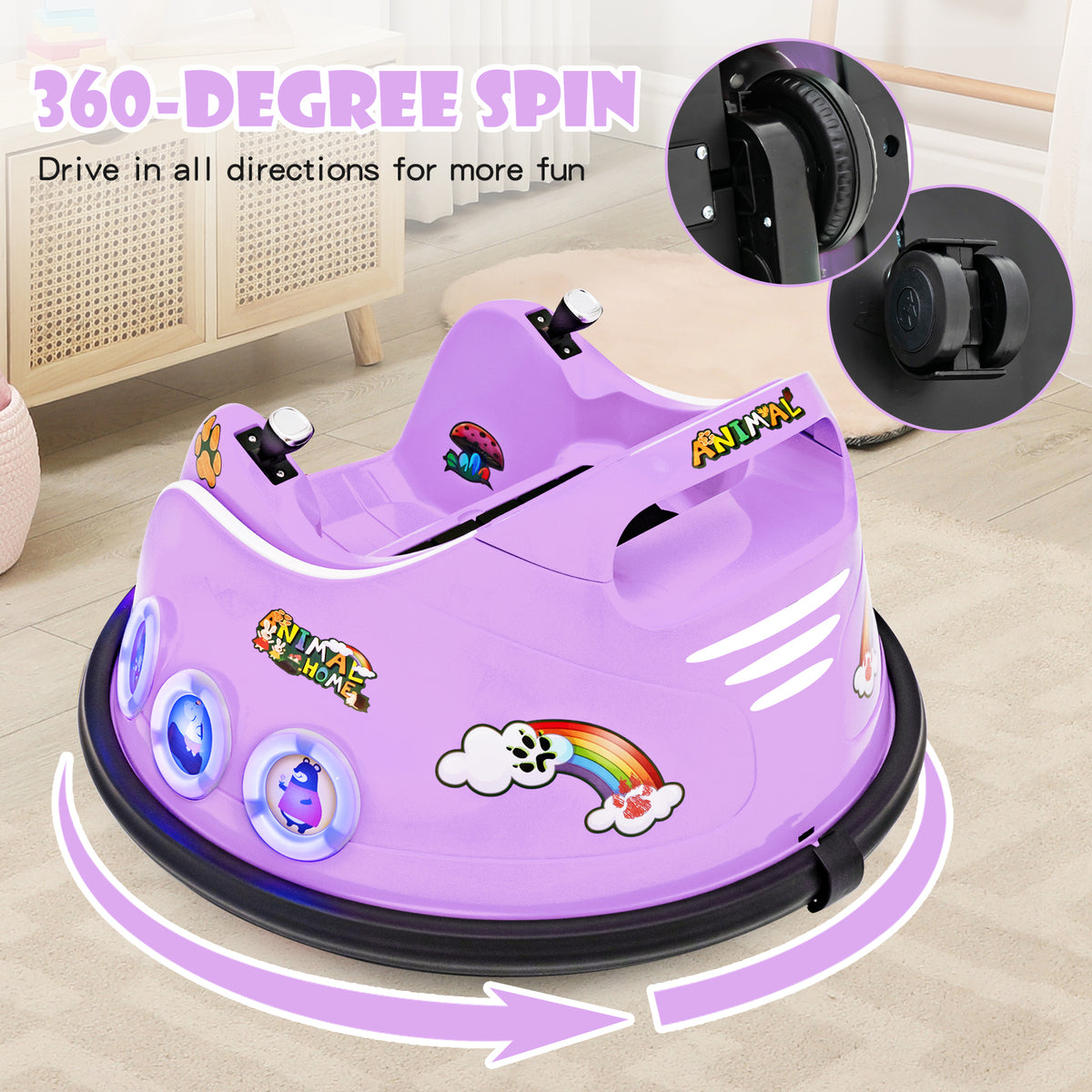 12V Electric Ride On Car with Remote Control and Flashing LED Lights-Purple view 6