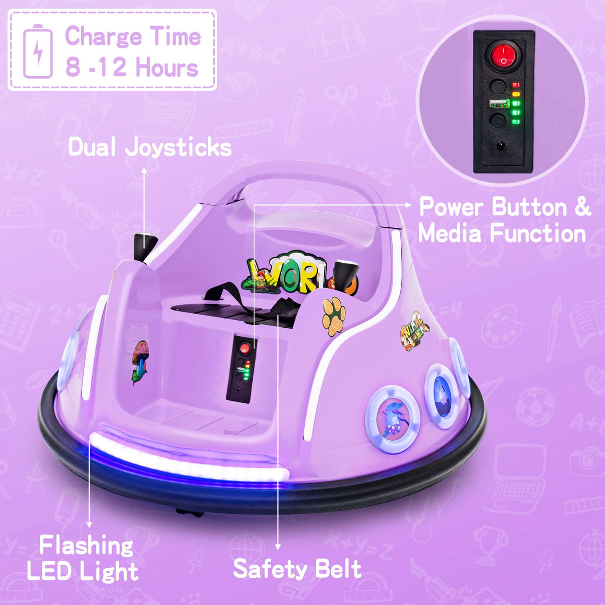 12V Electric Ride On Car with Remote Control and Flashing LED Lights-Purple view 8