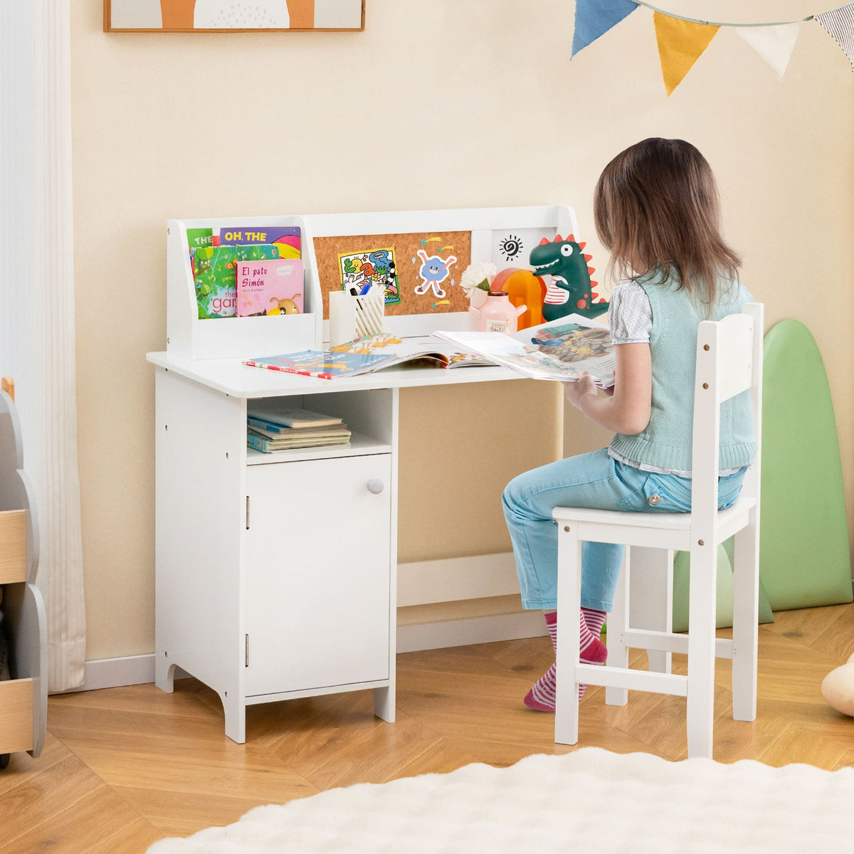 Wooden Kids Study Desk and Chair Set with Storage Cabinet and Bulletin Board-White view 2