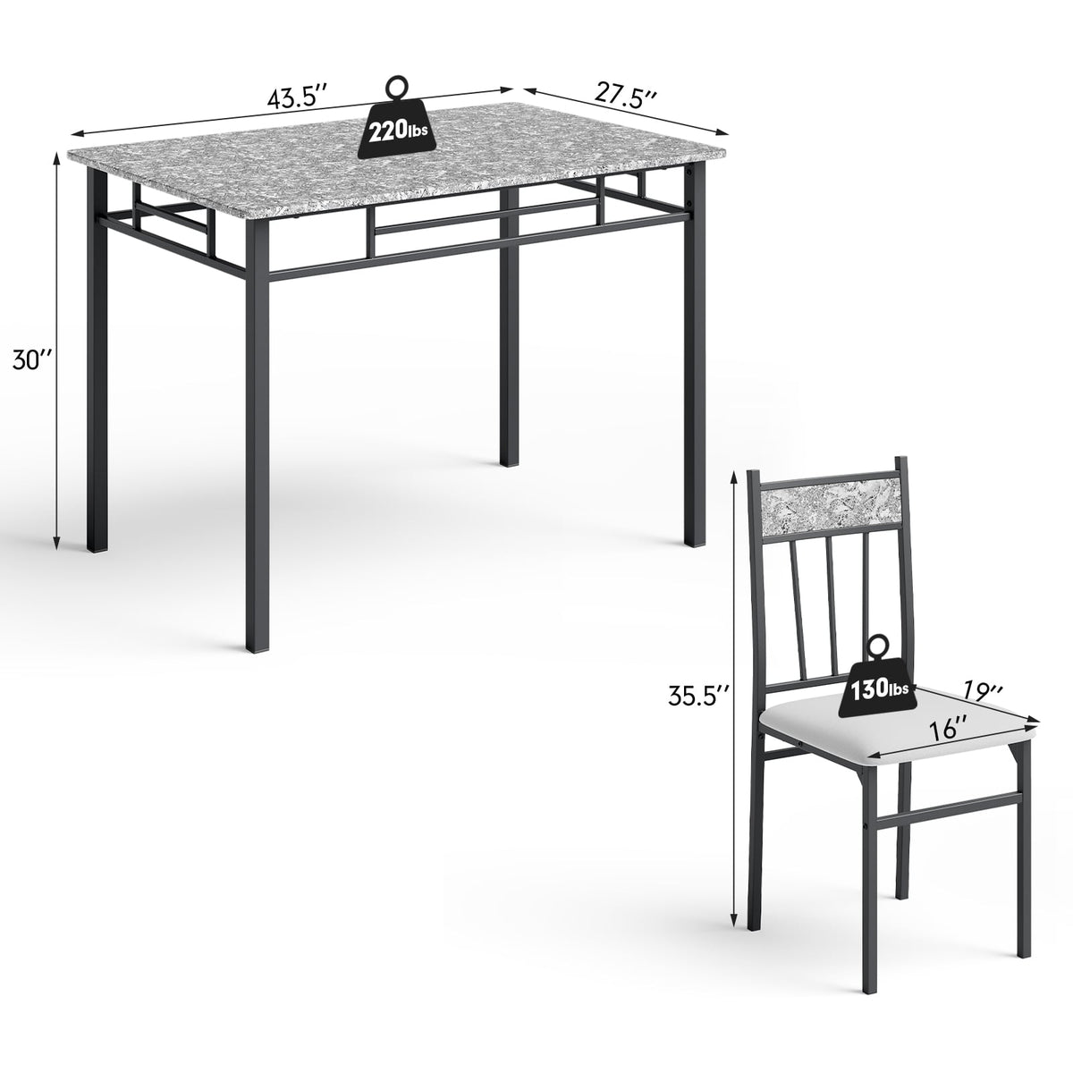 5 Pieces Faux Marble Dining Set Table with Solid Steel Frame view 5