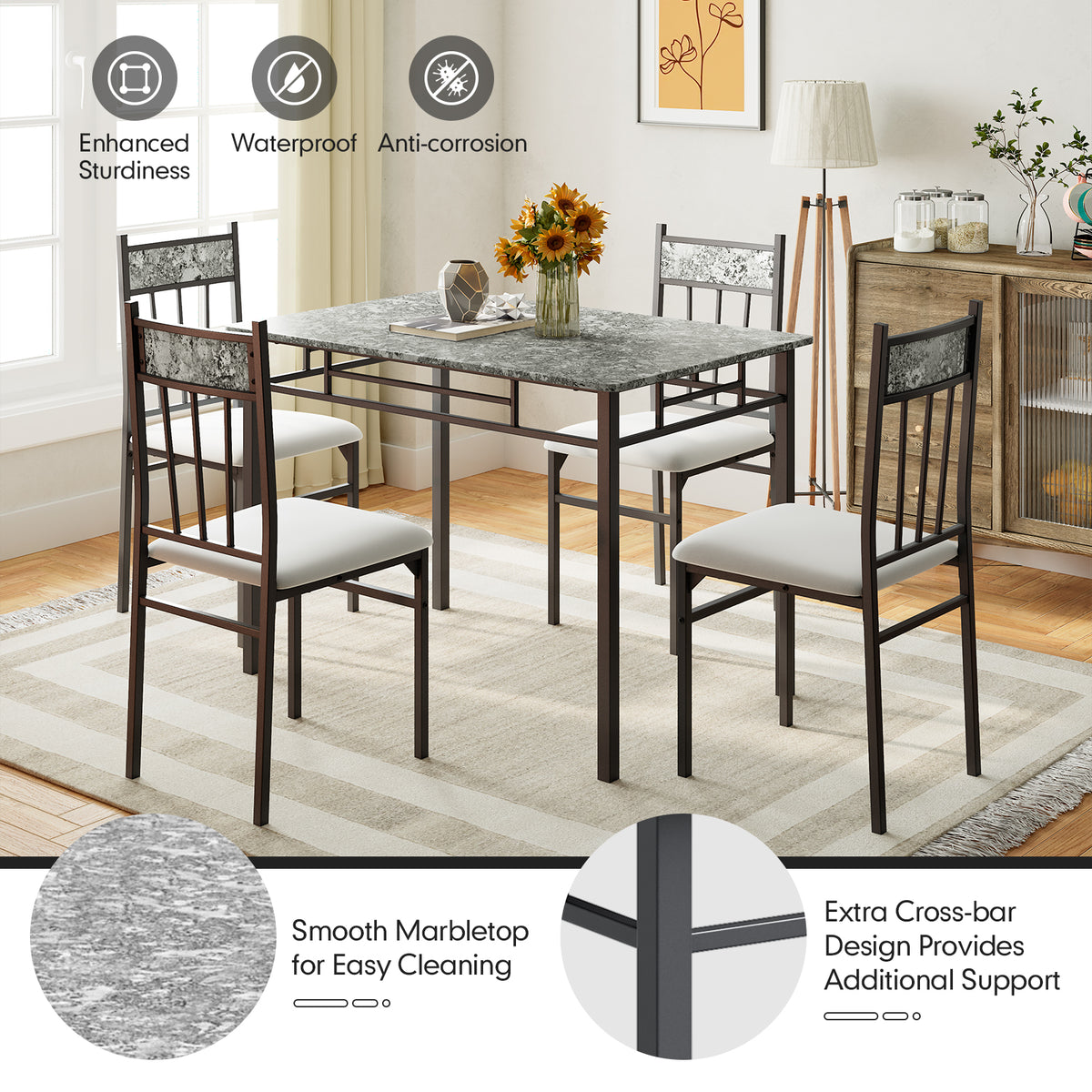 5 Pieces Faux Marble Dining Set Table with Solid Steel Frame view 9