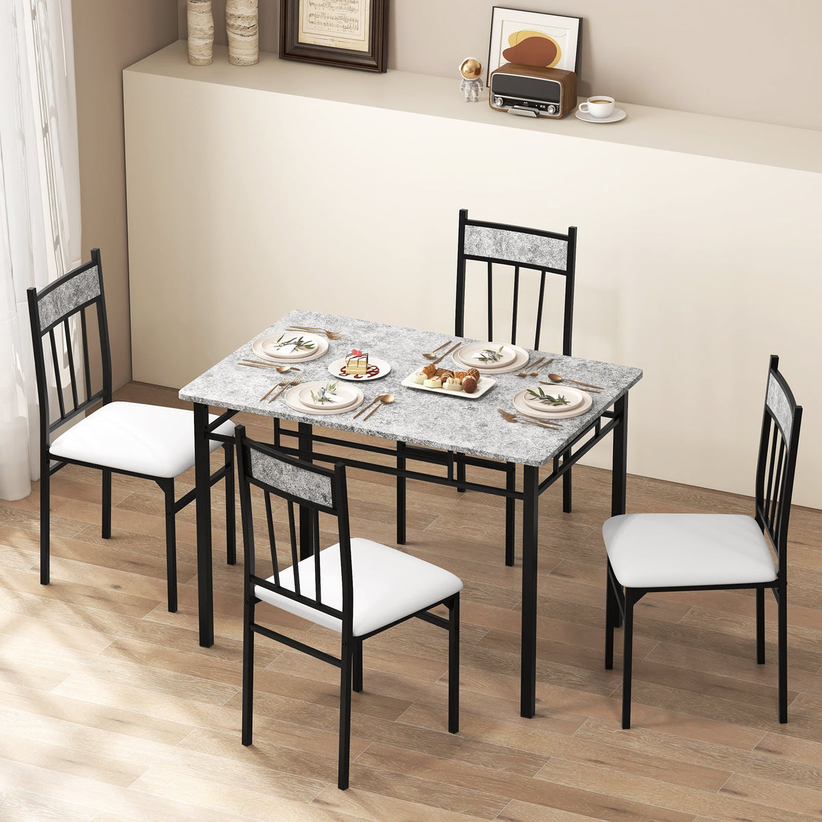 5 Pieces Faux Marble Dining Set Table with Solid Steel Frame view 6