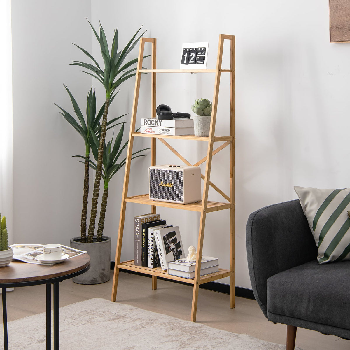 58 Inch 4-Tier Bamboo Ladder Bookshelf-Natural view 2