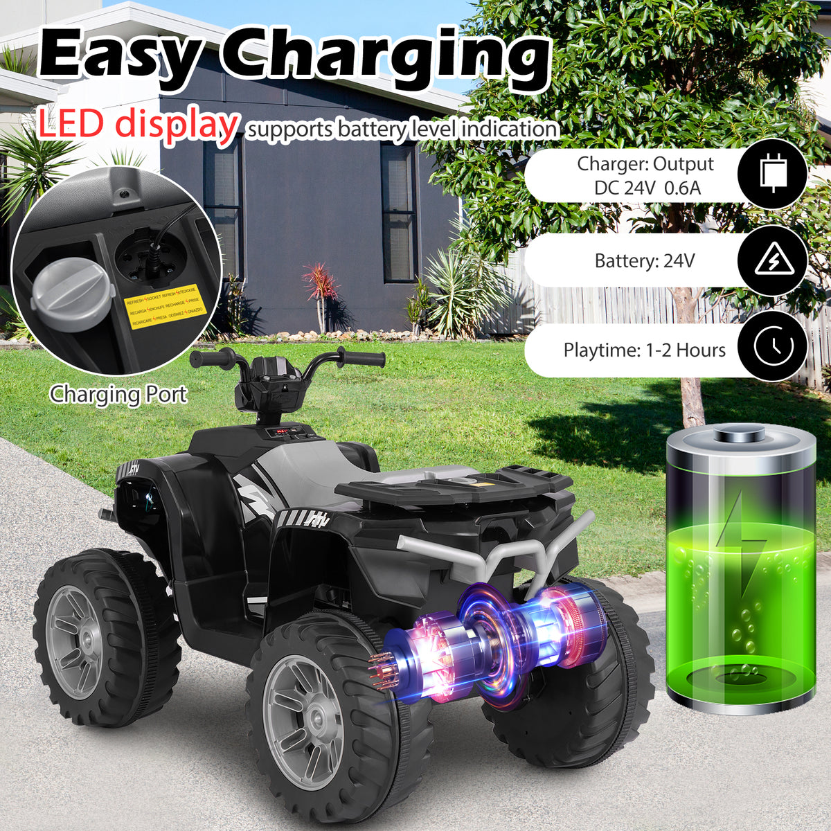 24V Kids Ride-On Electric ATV with Wireless Connection for Toddlers 3-8 Years Old-Black view 9
