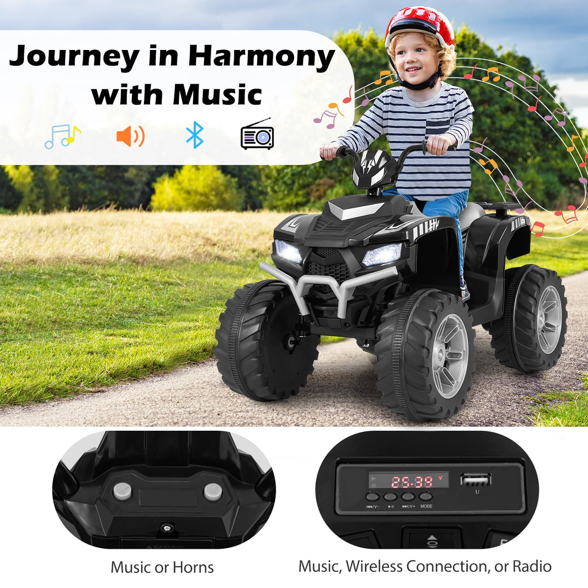 24V Kids Ride-On Electric ATV with Wireless Connection for Toddlers 3-8 Years Old-Black view 7