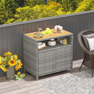 Rattan Storage Cabinet with Acacia Wood Countertop for Poolside Deck and Patio-Gray view 2