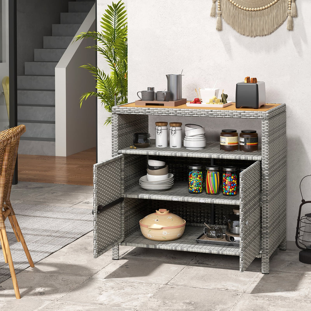 Rattan Storage Cabinet with Acacia Wood Countertop for Poolside Deck and Patio-Gray view 3
