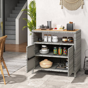 Rattan Storage Cabinet with Acacia Wood Countertop for Poolside Deck and Patio-Gray view 3