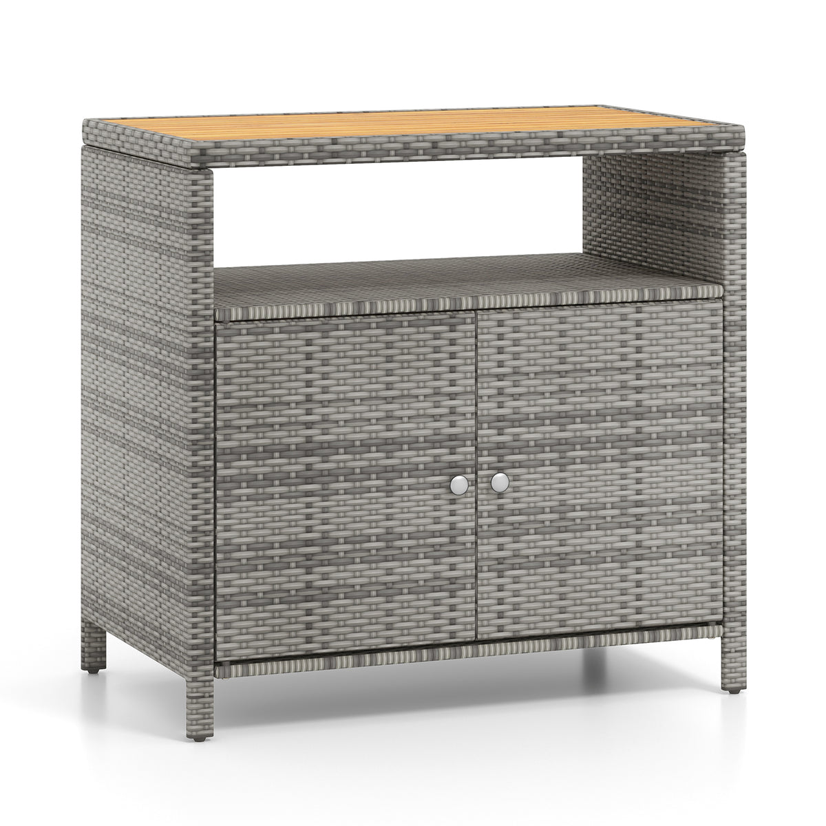 Rattan Storage Cabinet with Acacia Wood Countertop for Poolside Deck and Patio-Gray view 4