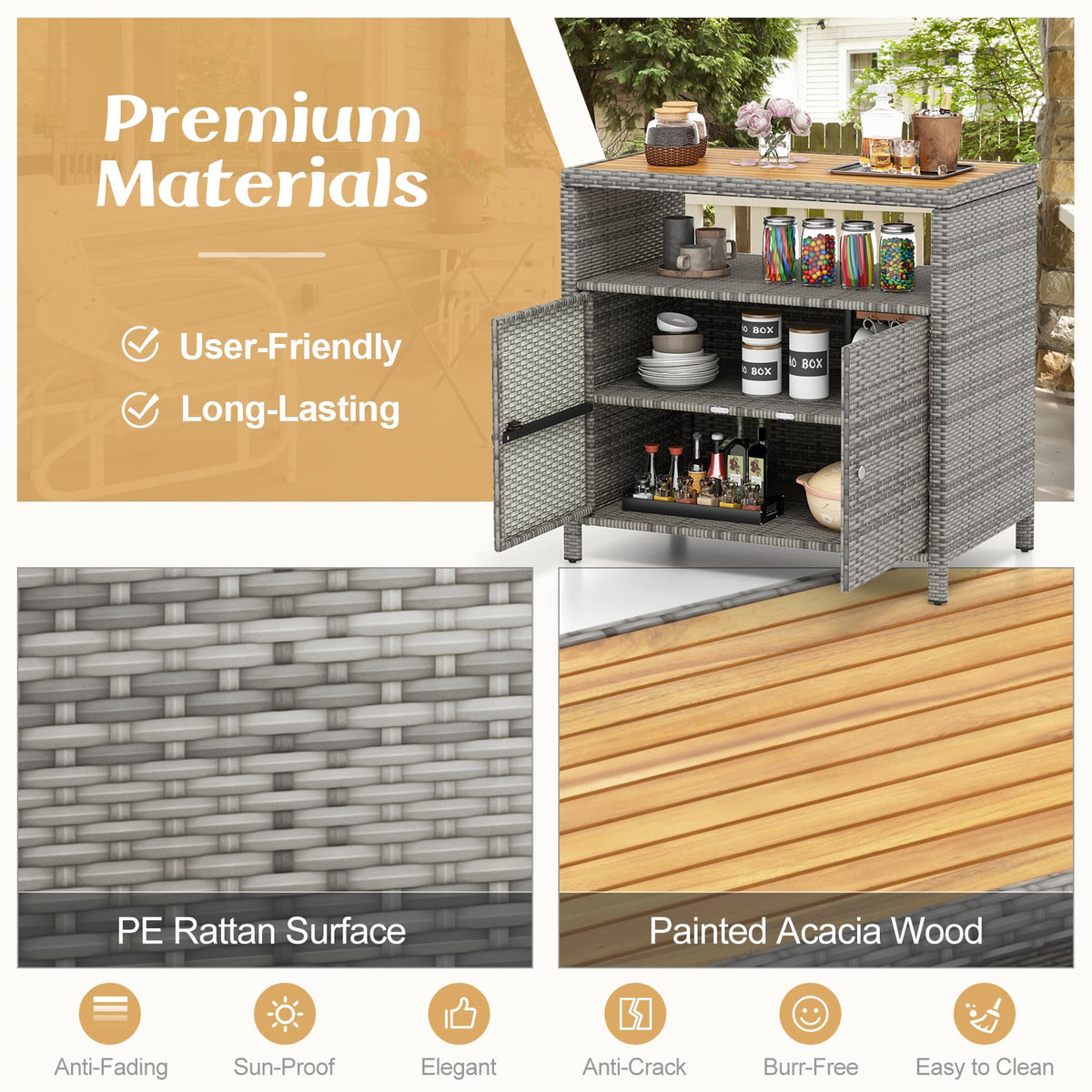 Rattan Storage Cabinet with Acacia Wood Countertop for Poolside Deck and Patio-Gray view 6