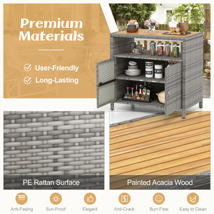 Rattan Storage Cabinet with Acacia Wood Countertop for Poolside Deck and Patio-Gray view 6